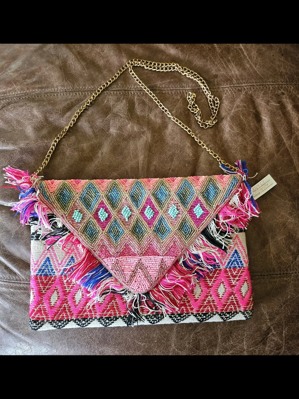 Pink Multicolor Beaded Fringe Shoulder Clutch